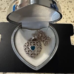 Authentic 925 Sterling Silver Filigree Heart Necklace & Case / Blue Accent